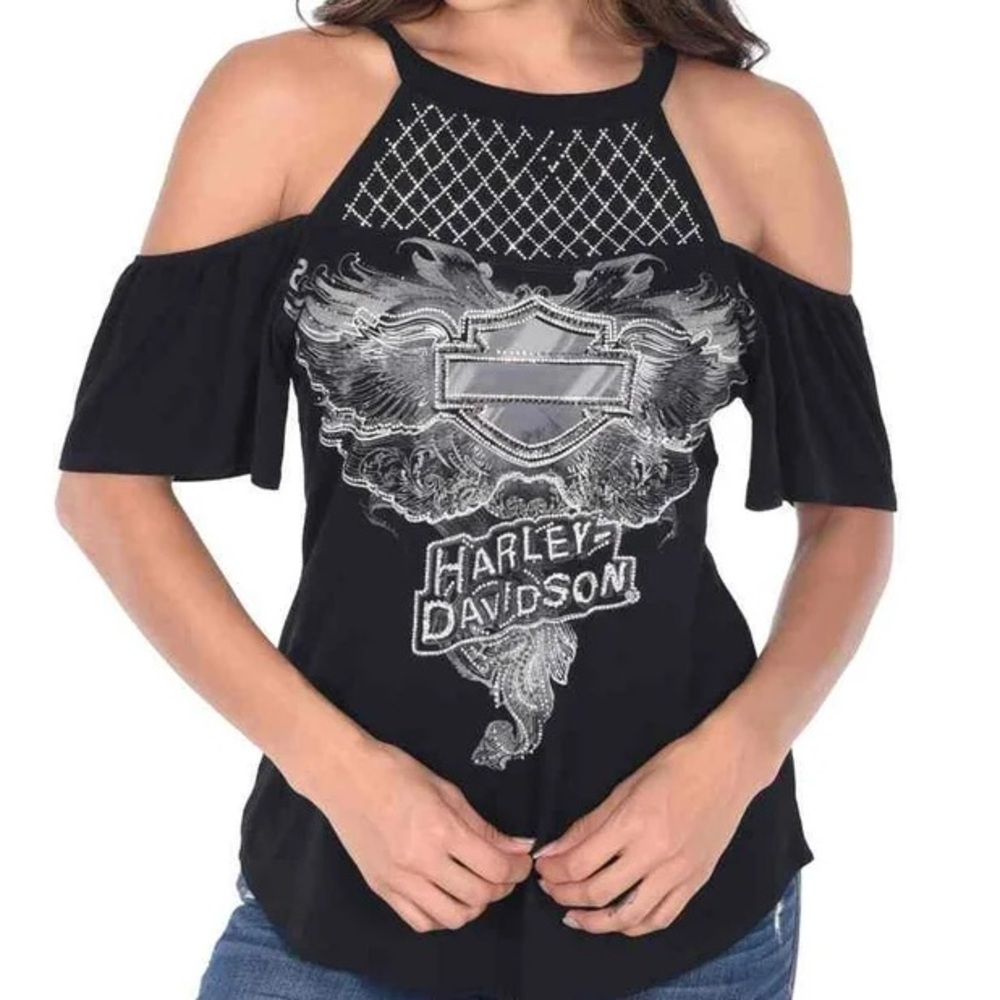 Harley Davidson women’s the shadows cold shoulder rhinestoned Y2K blouse top